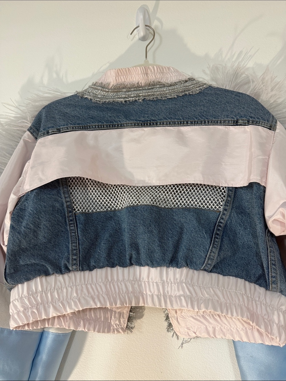 Next Level Apparel Mixed Denim &  Fur Bomber Jacket in Light Gray and Blue - Picture 8 of 8